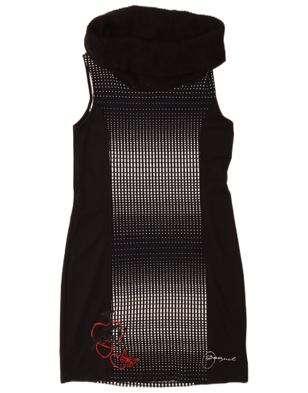 Desigual Dame Roll Neck Skede Kjole UK 14 Stor Sort Geometrisk Viscose