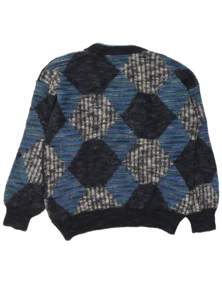 Vintage Herre V-hals sweater IT 48 Medium Blue Argyle/Diamond Wool