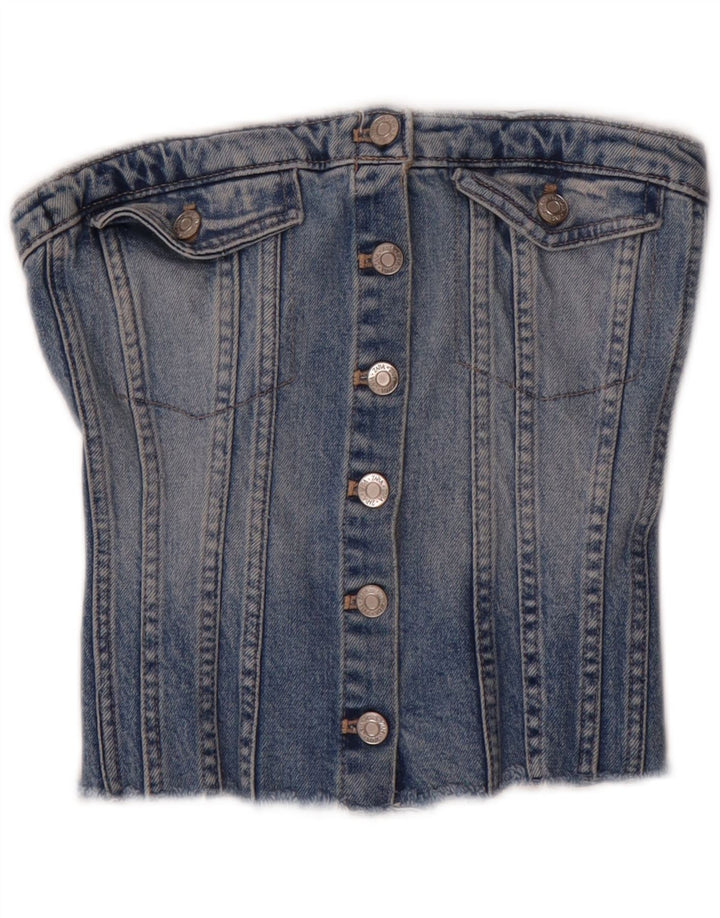 Zara Dame Stropløs Denim Corset Top UK 8 Lille Blå Bomuld