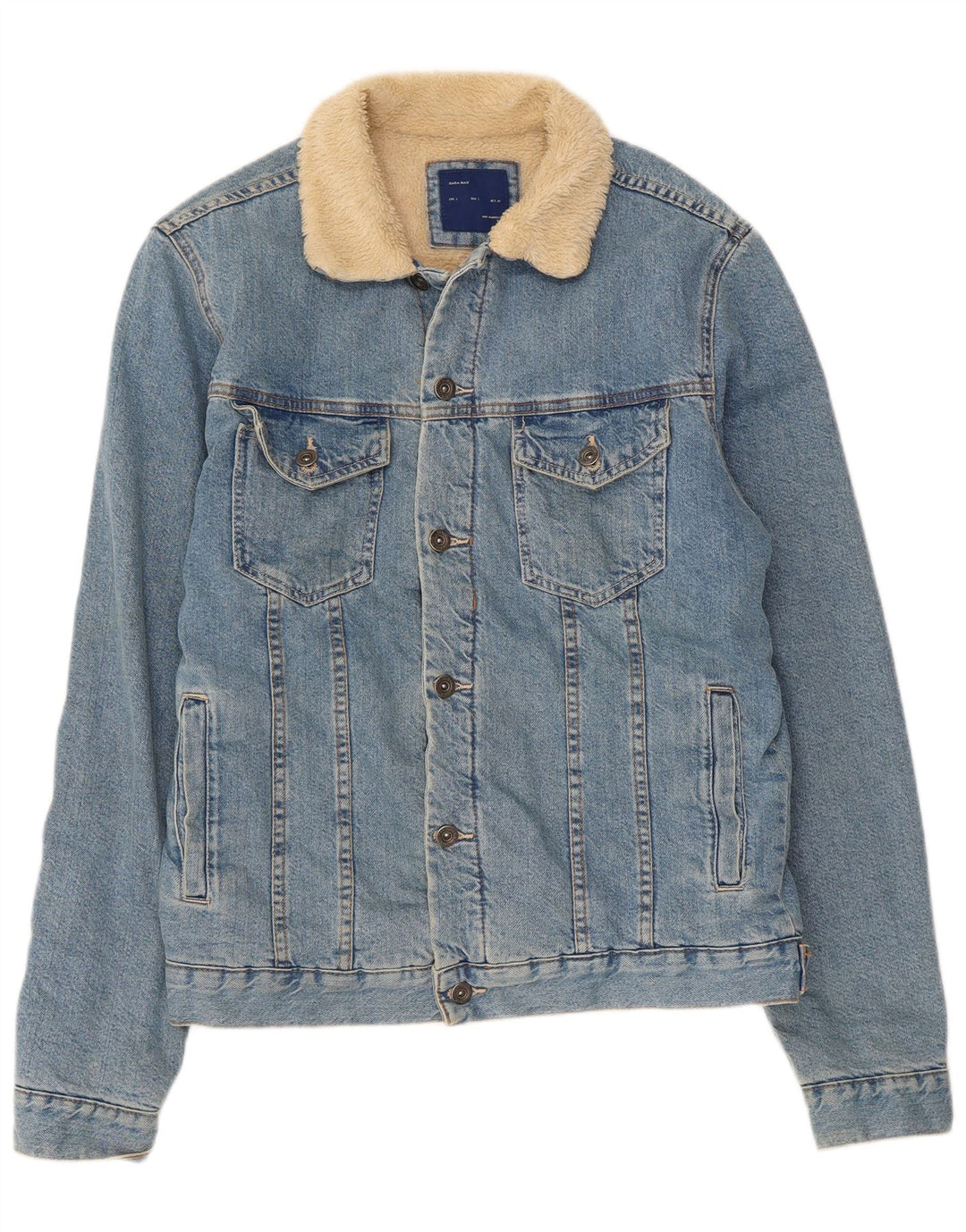 Zara Herre Sherpa Denim Jacket UK 40 Large Blue Cotton