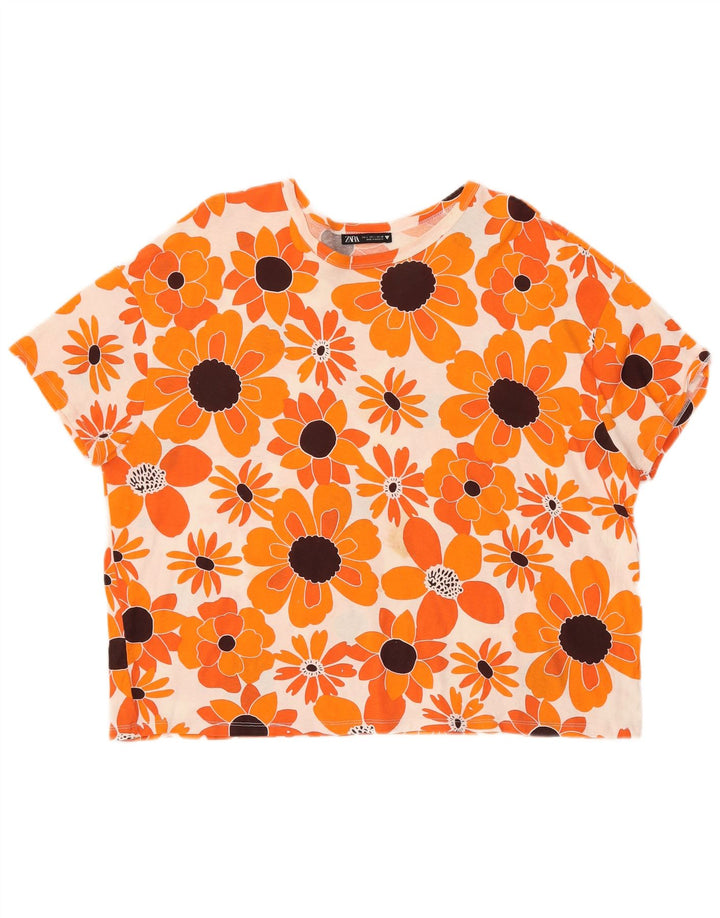 ZARA Dame T-Shirt Top UK 16 Large Orange Floral