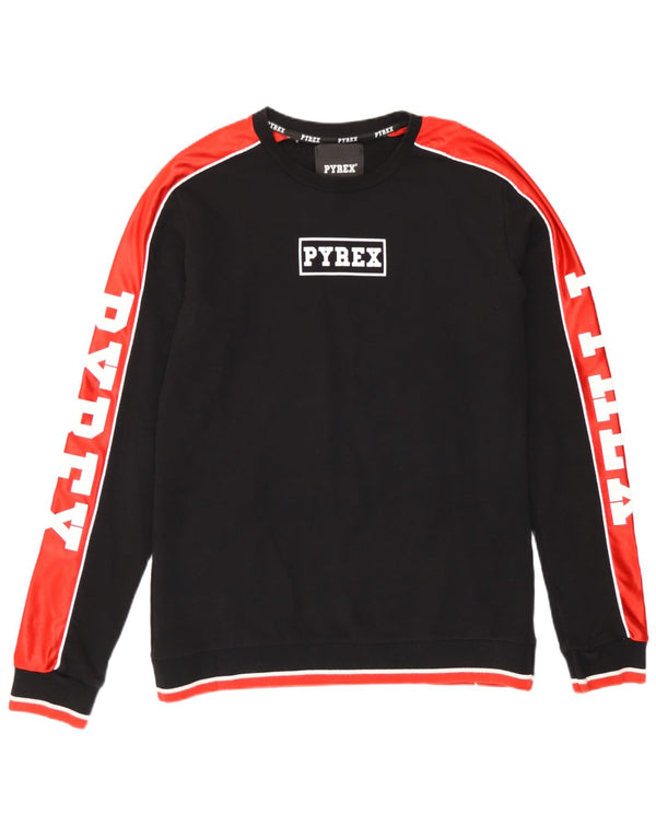 Pyrex Herre grafisk sweatshirt Jumper Medium Sort Colourblock Bomuld