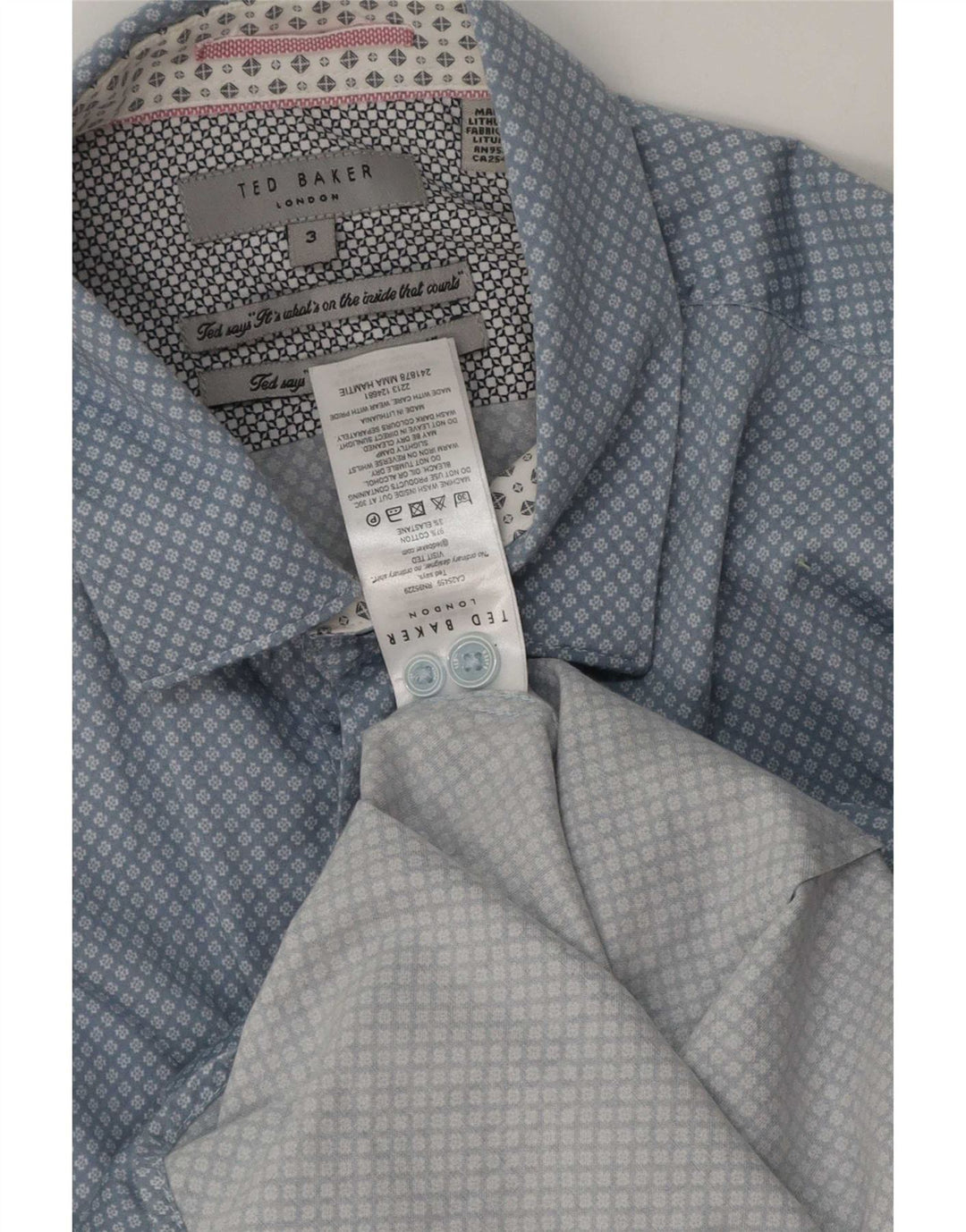 Ted Baker Herre Classic Fit skjorte størrelse 3 Medium Blue Geometric Cotton