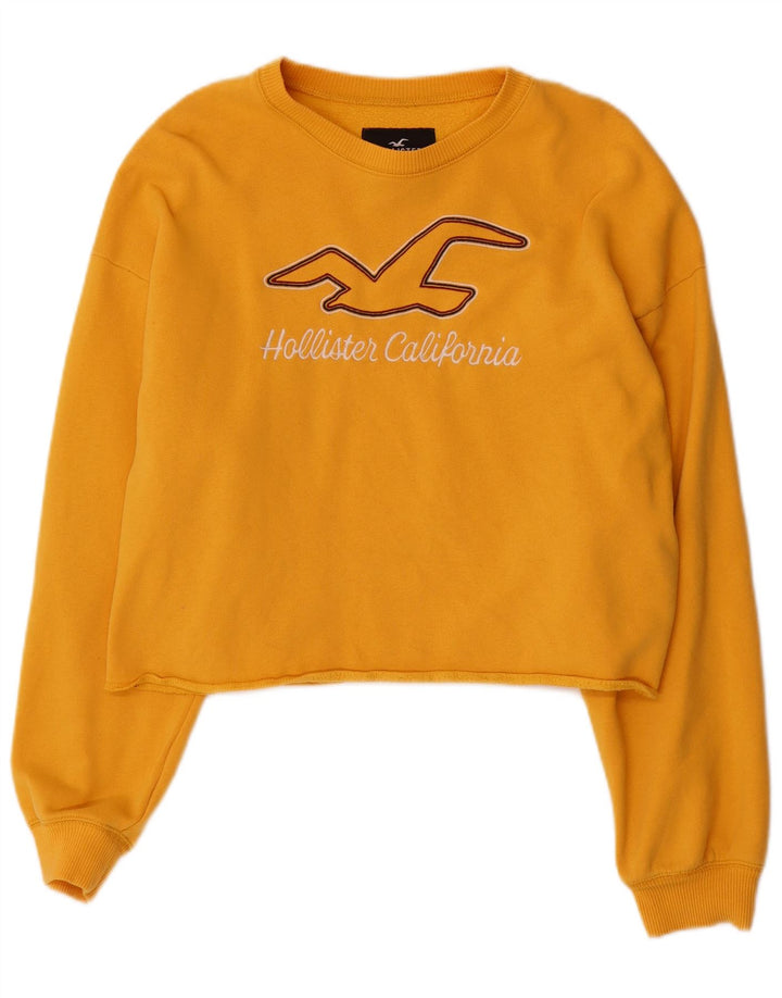 HOLLISTER Womens Crop Graphic Sweatshirt Jumper UK 14 Medium Yellow Bomuld