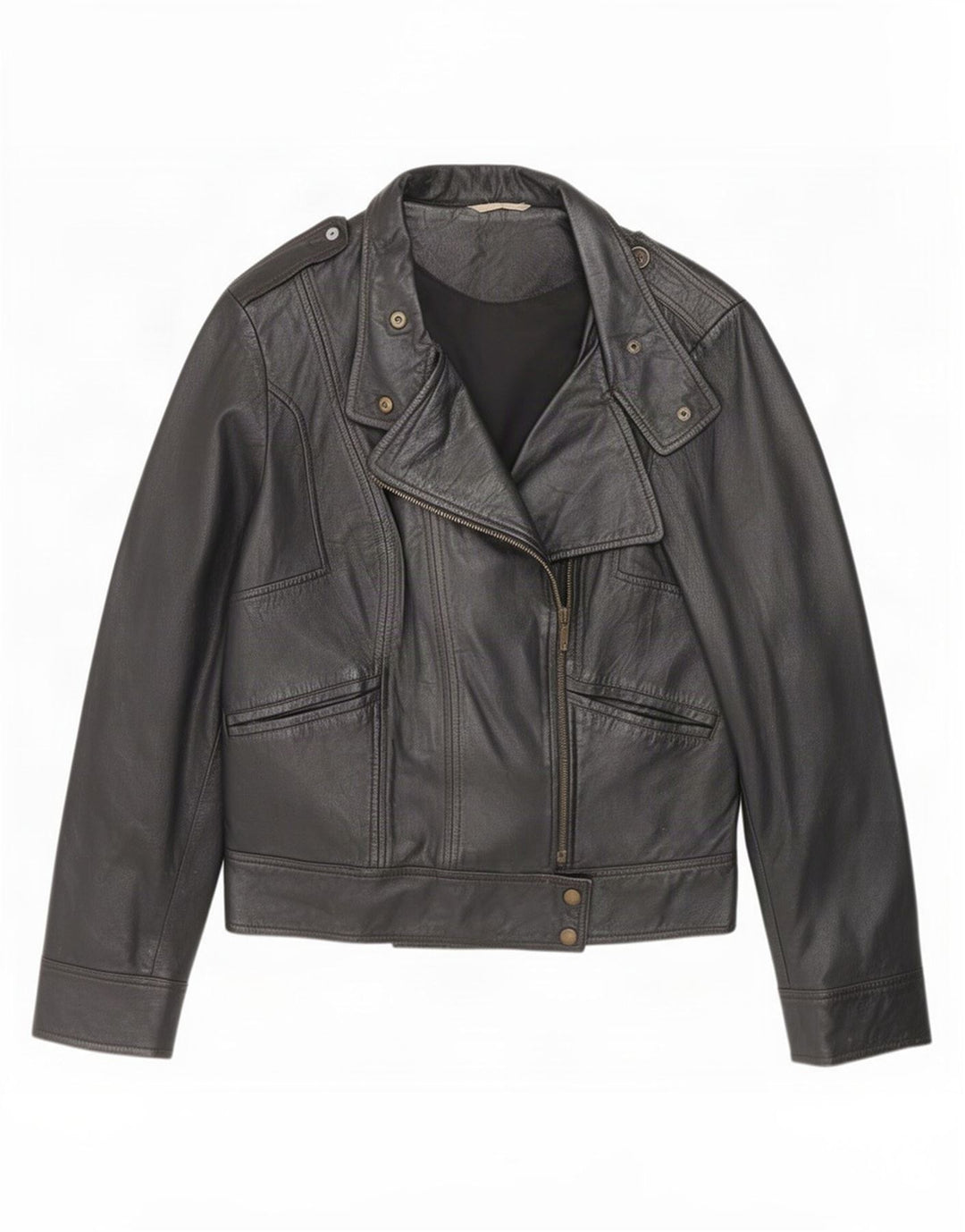 Promod Dame Læder Biker Jacket UK 14 Medium Sort