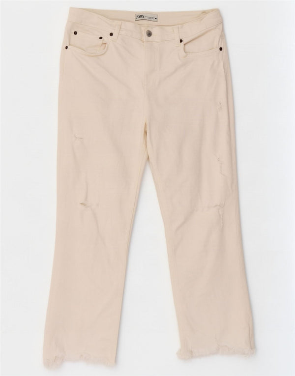 Zara Womens Distressed Cropped Jeans EU 42 Large W32 L24 White Cotton