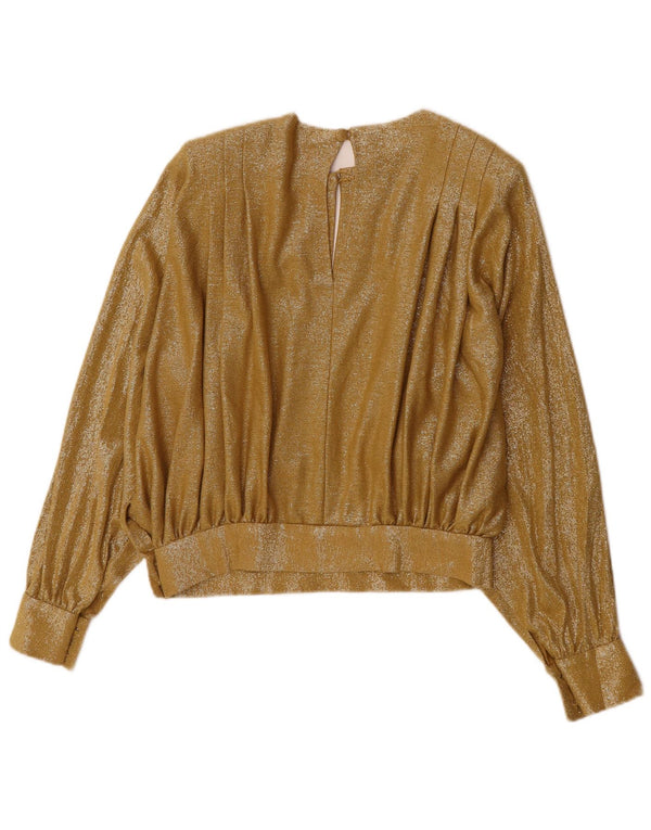 Vintage Womens Crop Langærmet Bluse Top UK 12 Medium Gold