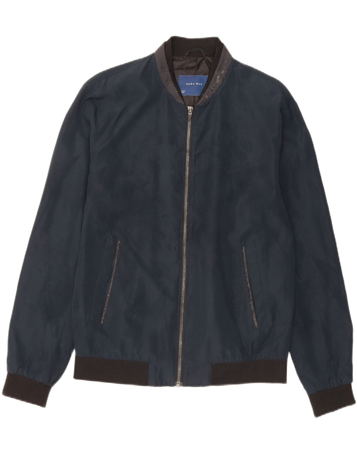 Zara Herre Bomber Jacket UK 40 Large Navy Blue Polyester