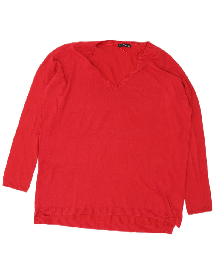 Zara Dame Oversized V-hals sweater UK 14 Medium Rød Bomuld