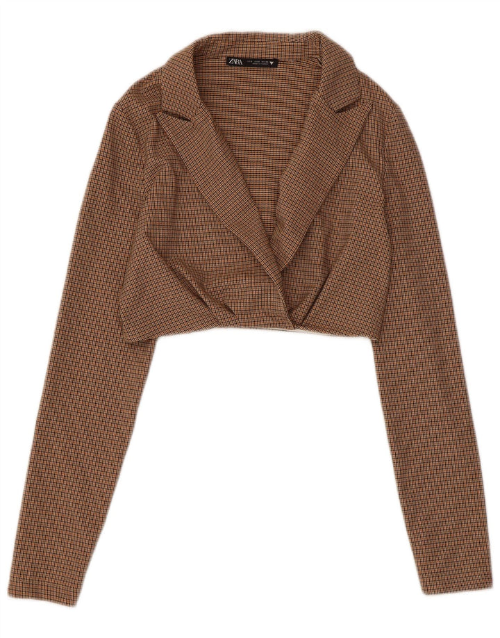 Zara Dame Crop Blazer Jacket UK 10 Lille brun ternet polyester