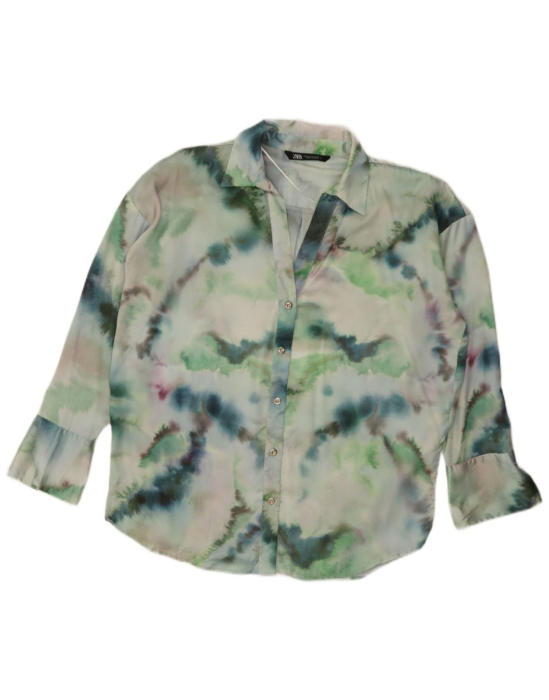 Zara Dame Oversized Shirt Bluse UK 14 Medium Green Tie Dye Polyester