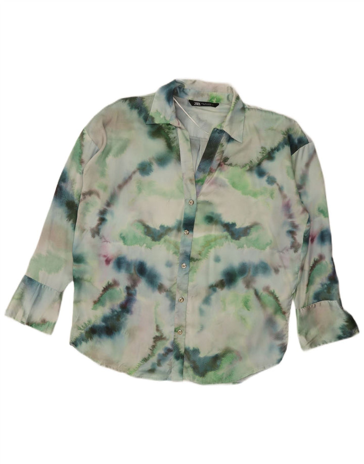 Zara Dame Oversized Shirt Bluse UK 14 Medium Green Tie Dye Polyester
