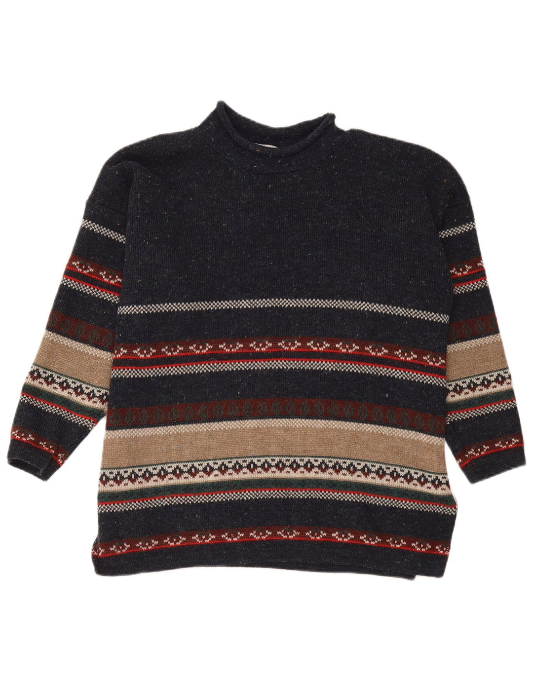 Vintage Herre Turtle Neck Jumper Sweater Medium Marineblå stribet akryl