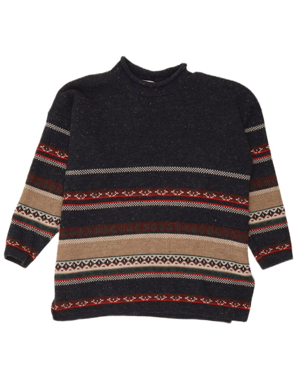 Vintage Herre Turtle Neck Jumper Sweater Medium Marineblå stribet akryl