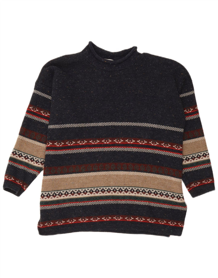 Vintage Herre Turtle Neck Jumper Sweater Medium Marineblå stribet akryl