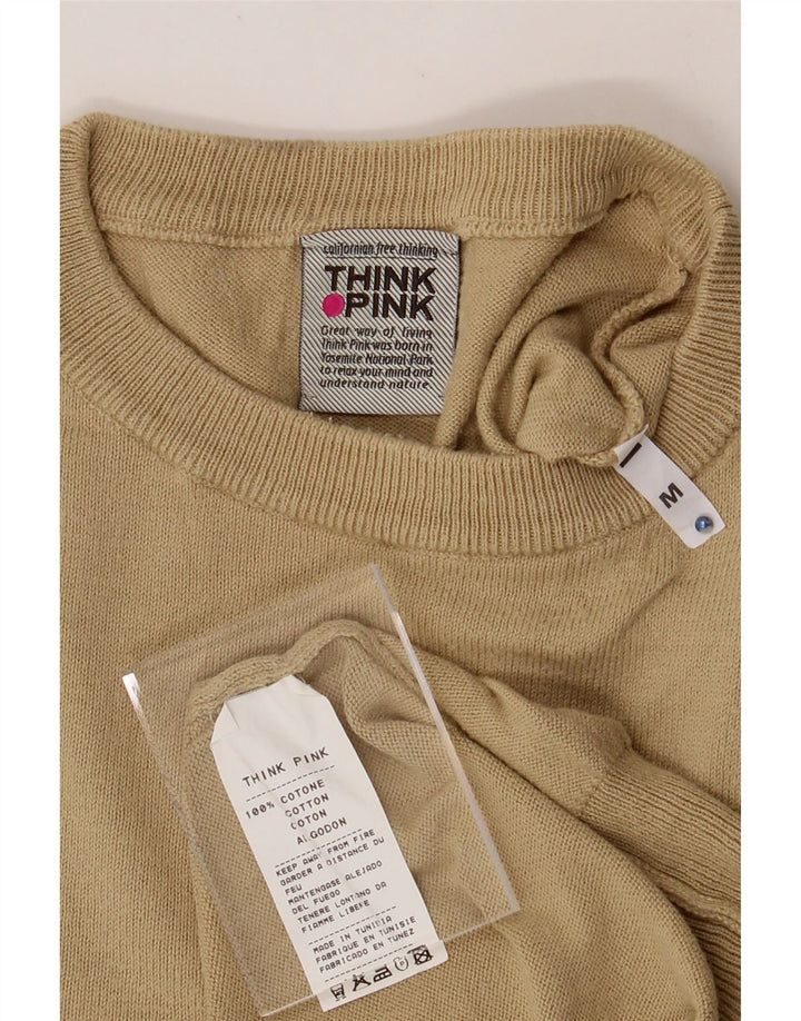 THINK PINK Mens Crew Neck Jumper Sweater Medium Beige Cotton Vintage Think Pink and Second-Hand Think Pink from Messina Hembry 