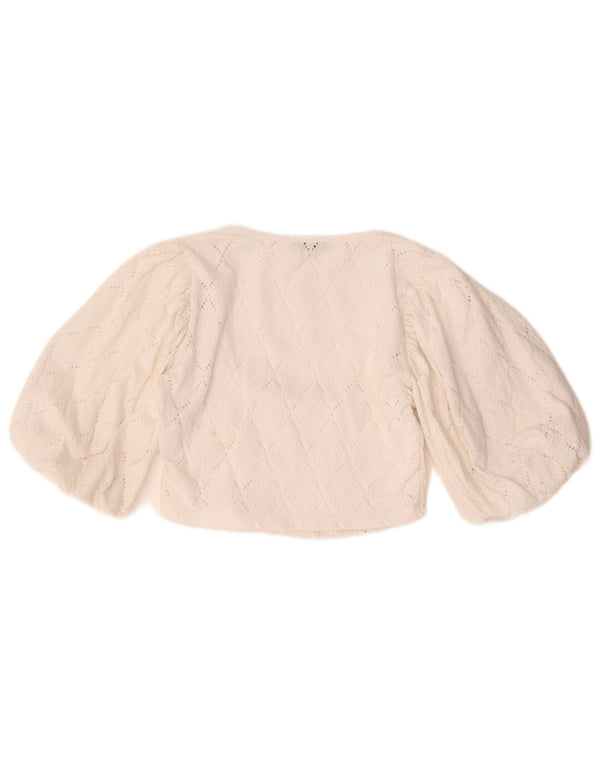 Zara Dame 3/4 ærmet Crop Bluse Top UK 14 Stor hvid bomuld