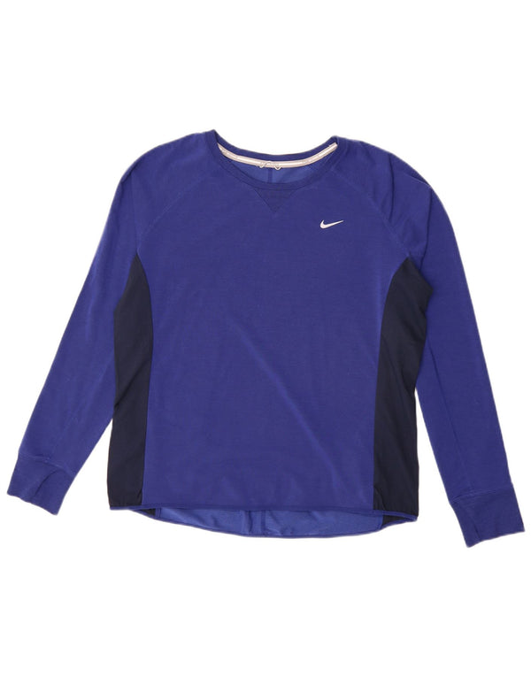Nike Dame Dri Fit Top Langærmet UK 16 Large Blue Colourblock Lyocell