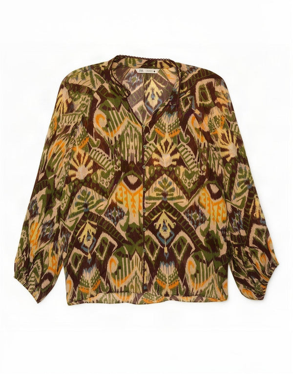Zara skjortebluse til kvinder UK 14 Medium Flerfarvet geometrisk viskose