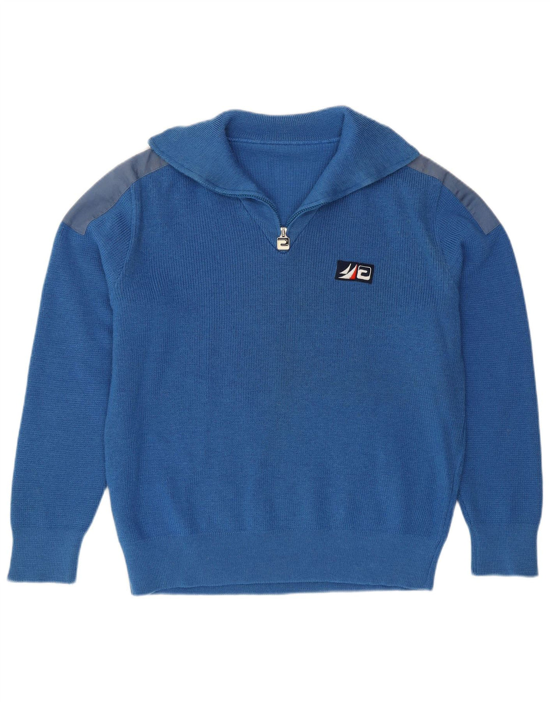 Vintage sweater med lynlås til mænd, stor blå farveblok