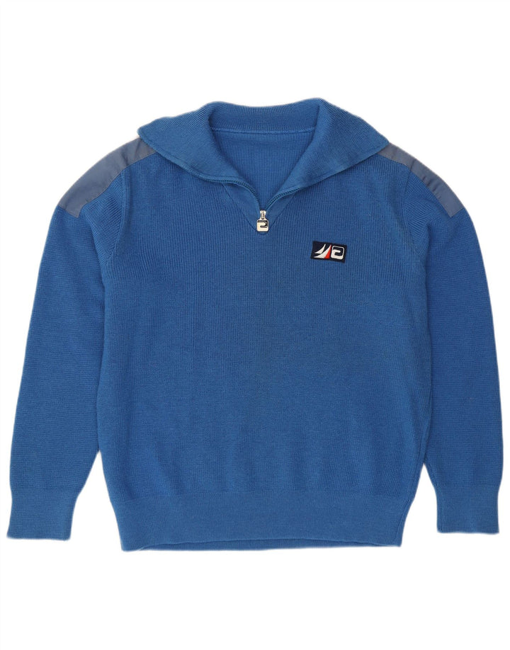 Vintage sweater med lynlås til mænd, stor blå farveblok