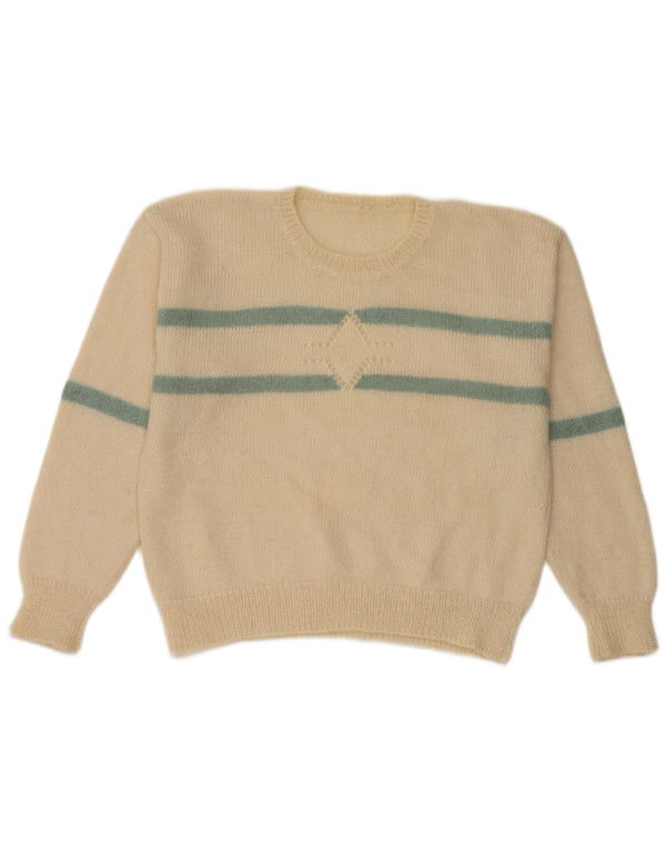 Vintage dame sweater med rund hals DK 14 Medium Off White stribet