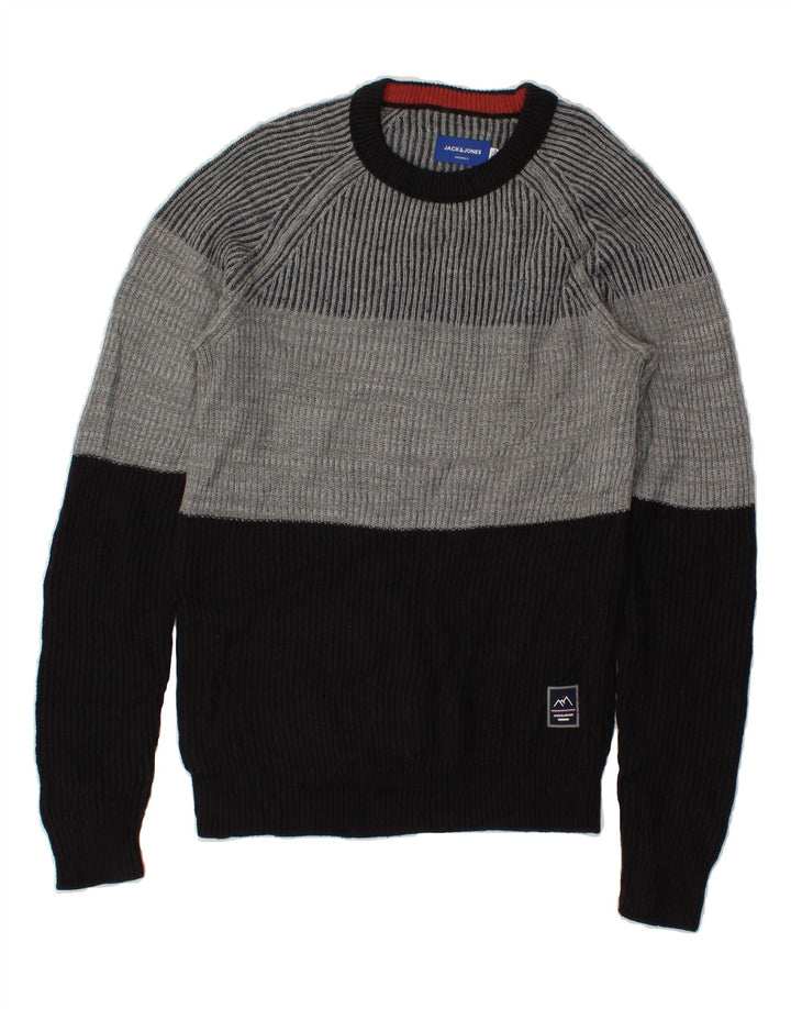 JACK & JONES Mens Crew Neck Jumper Sweater Small Grey Colourblock Vintage Jack & Jones and Second-Hand Jack & Jones from Messina Hembry 