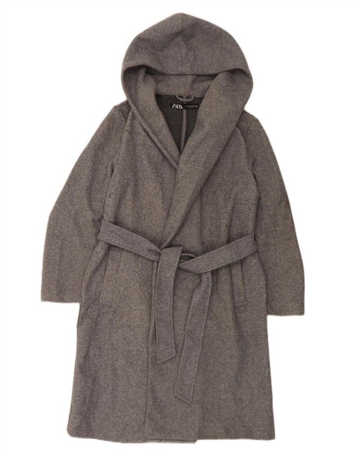 Zara Dame Oversized Overfrakke med hætte UK 6 XS Grå Polyester