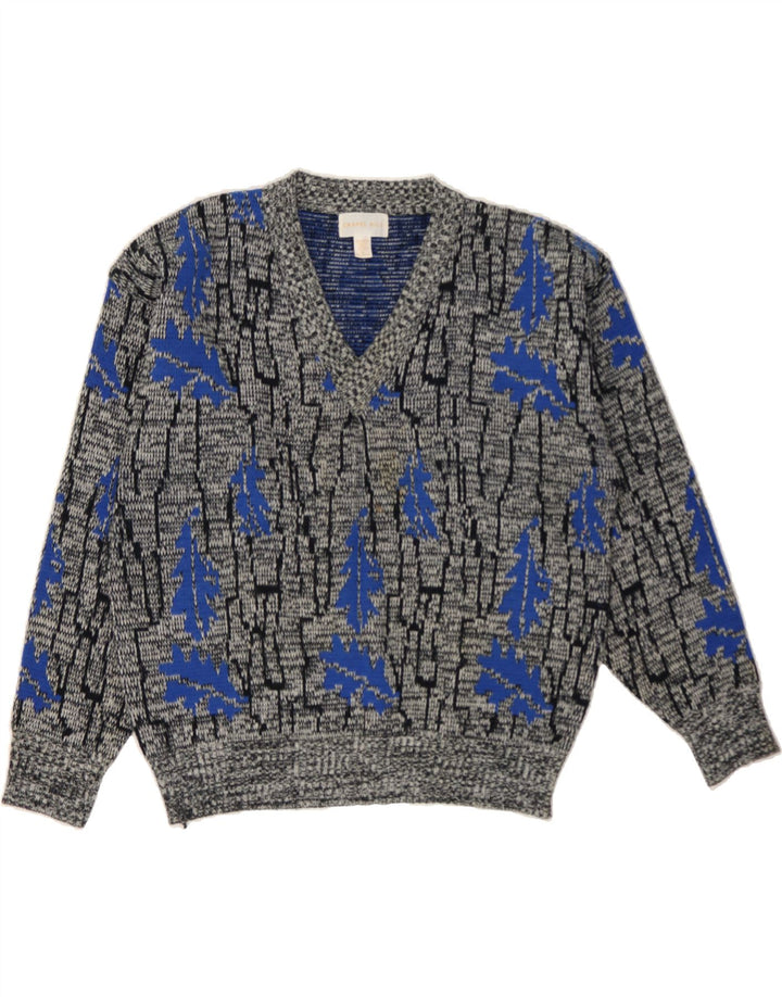 CHAPEL HILL Mens Abstract Pattern V-Neck Jumper Sweater Large Grey Acrylic Vintage Chapel Hill and Second-Hand Chapel Hill from Messina Hembry 