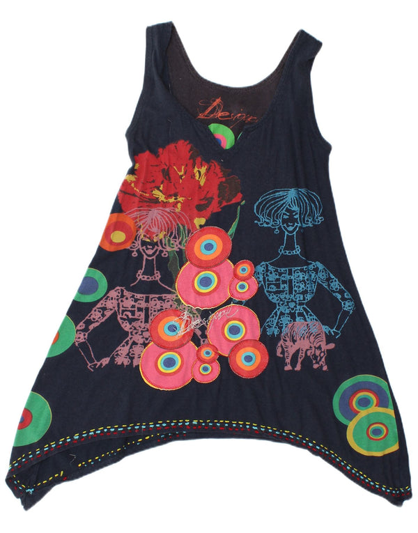 Desigual Dame Ærmeløs Tunika Kjole UK 12 Medium Marineblå Geometrisk