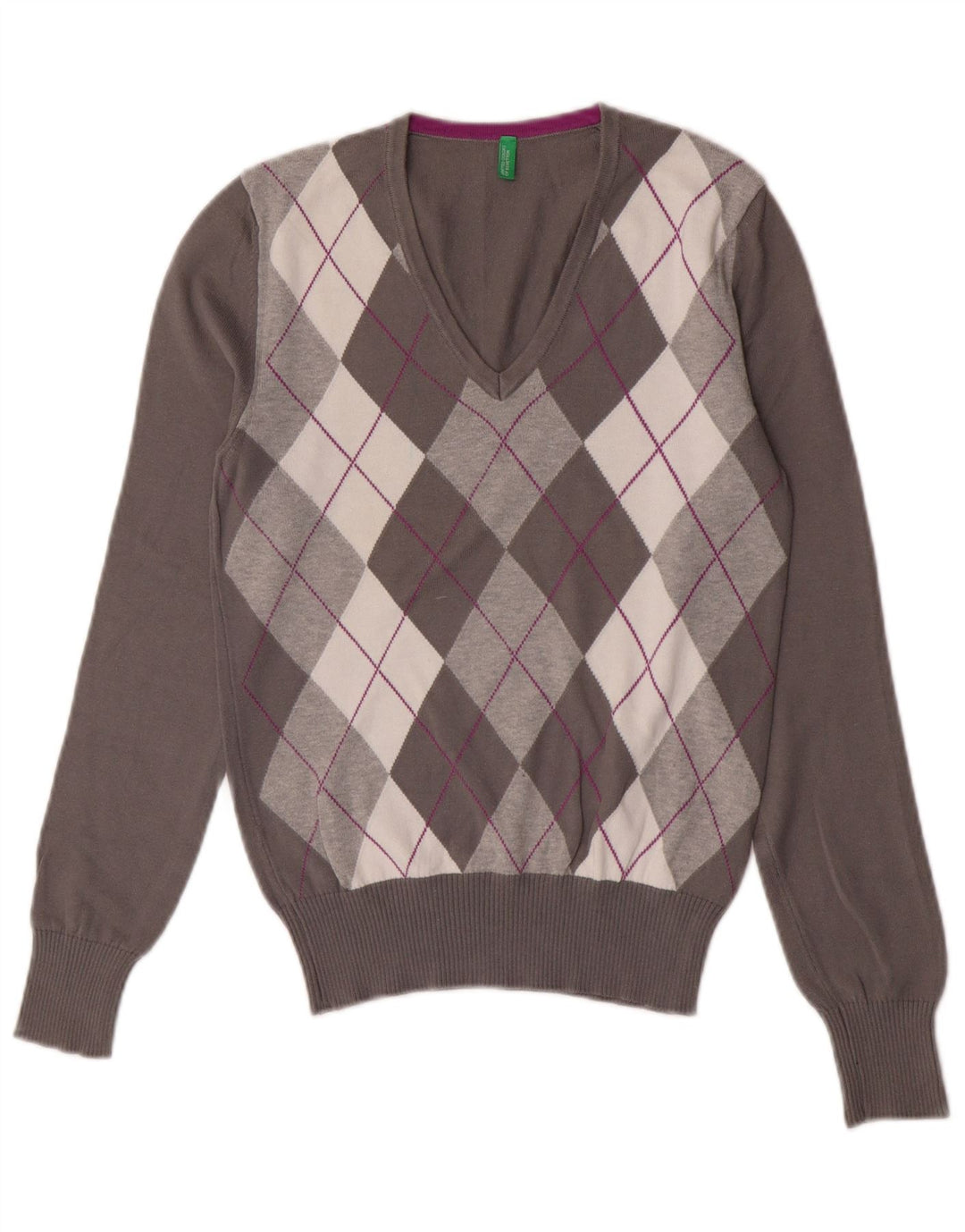 Benetton Dame V-hals sweater UK 10 Small Grey Argyle/Diamond
