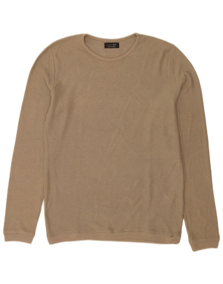 Zara Herre Crew Neck Jumper Sweater Stor Khaki Polyester