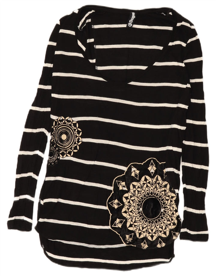 Desigual Dame Grafisk Langærmet Tunika Top UK 12 Medium Sort Stribet