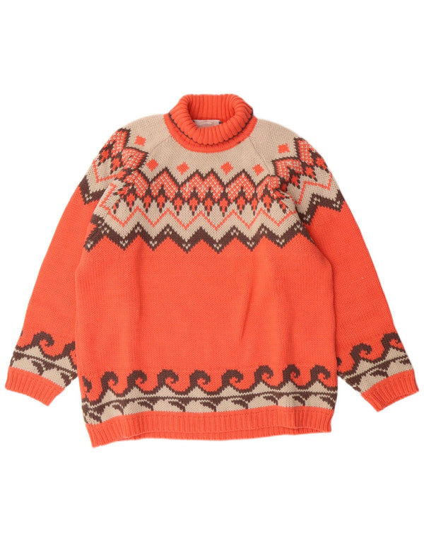 Kaos Dame Turtle Neck Jumper Sweater UK 16 Large Orange Fair Isle