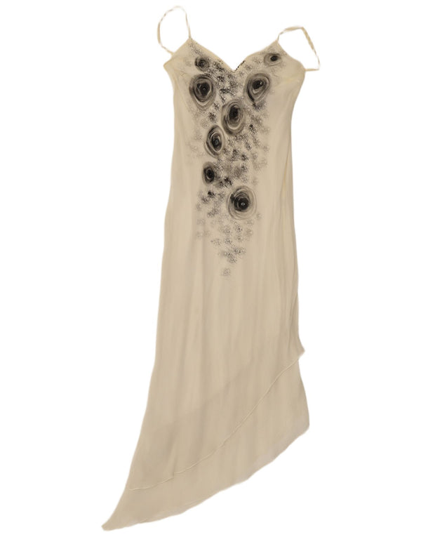 Vintage Dame Asymmetrisk Maxi Kjole UK 12 Medium Off White Floral