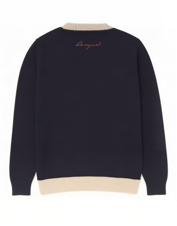Desigual Mens Graphic Crew Neck Jumper Sweater Small Navy Blue Colourblock