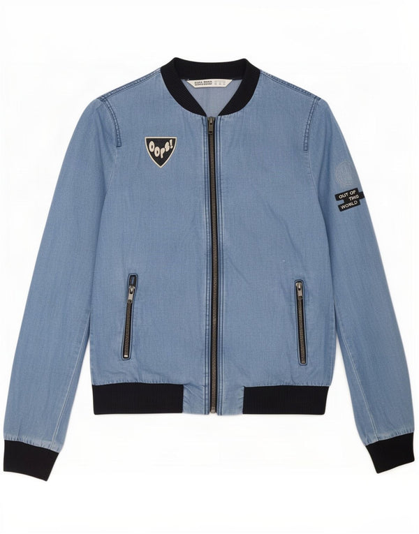 Zara Graphic Bomber Jacket UK 6 XS Blå Colourblock Lyocell