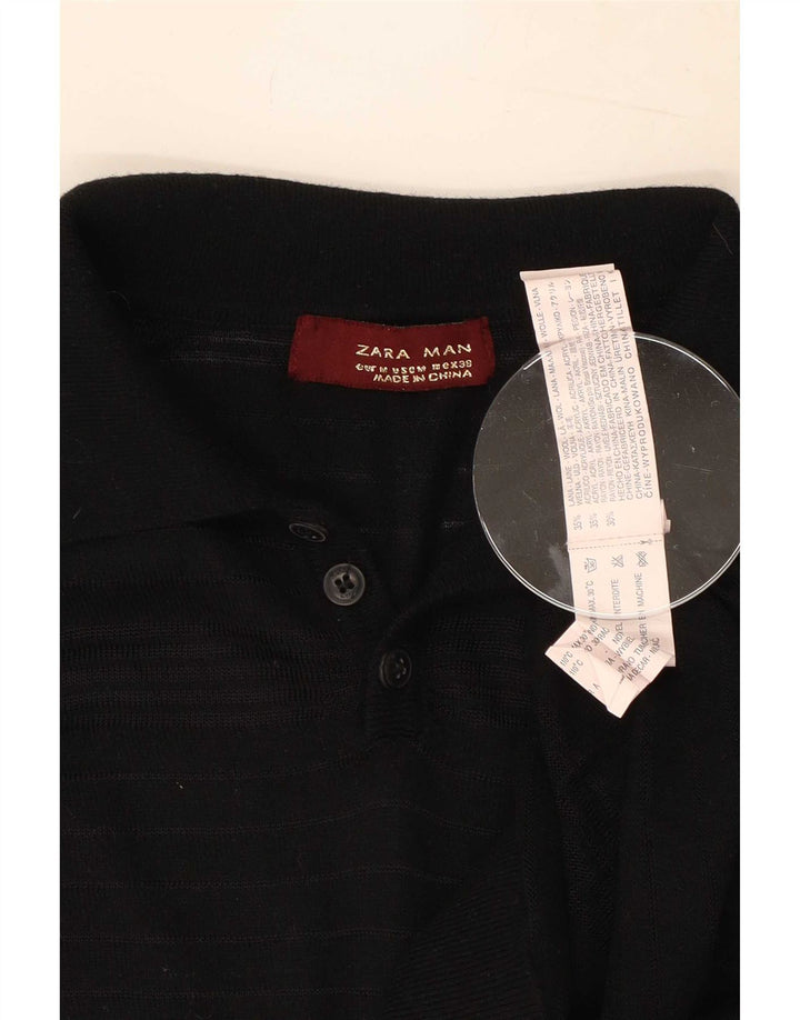 Zara Herre Kortærmet Polo Neck Jumper Sweater Medium Sort Uld