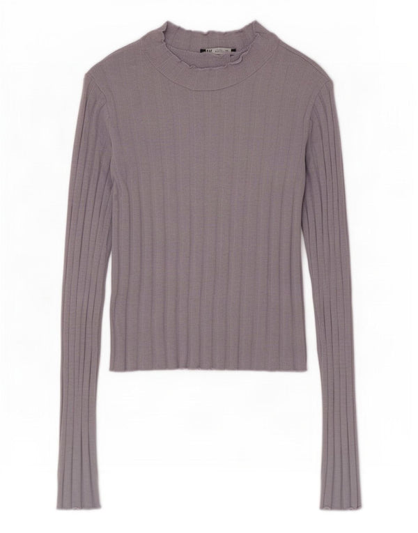Zara Womens Crop Top Langærmet UK 8 Small Navy Blue Bomuld