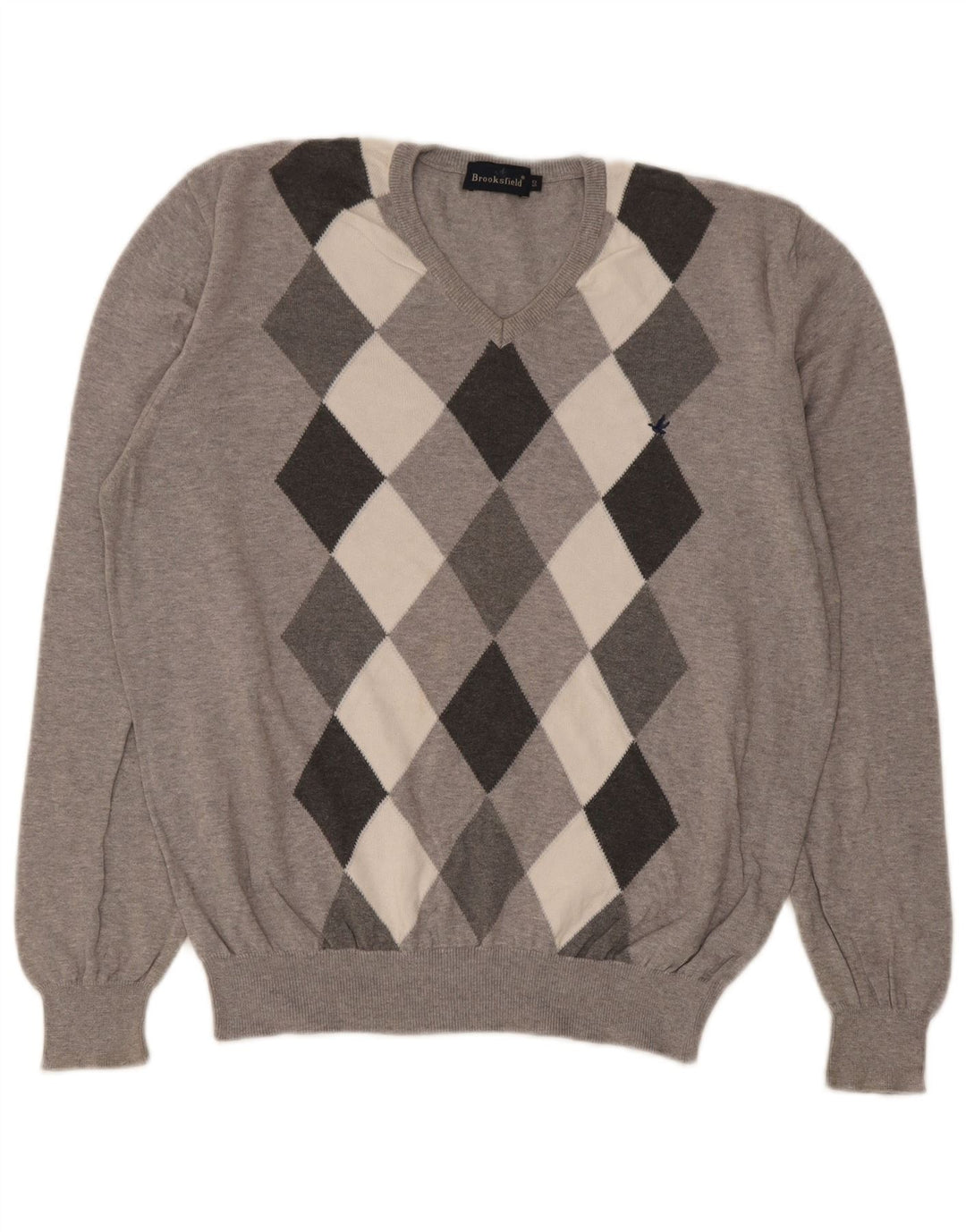Brooksfield Herre V-hals sweater IT 50 Medium Grey Argyle/Diamond