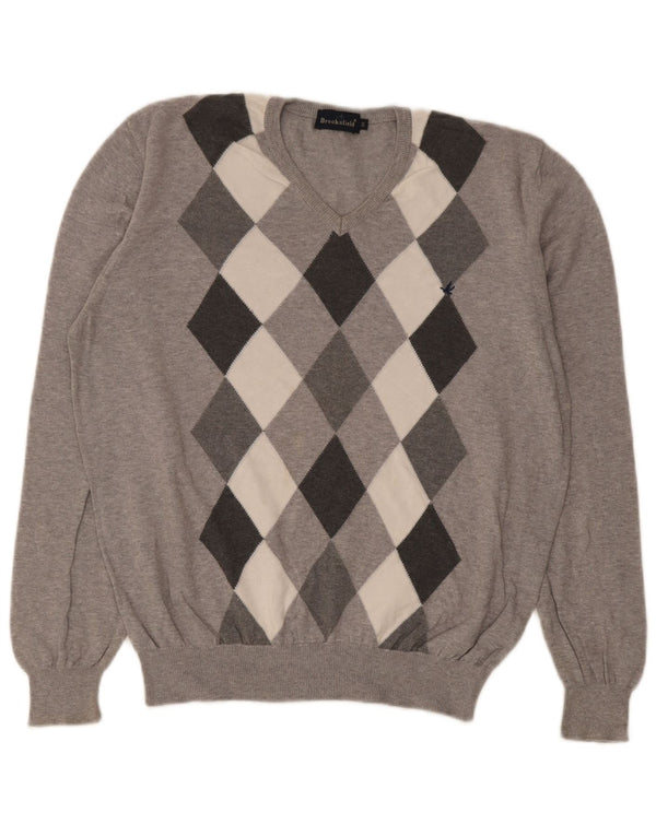 Brooksfield Herre V-hals sweater IT 50 Medium Grey Argyle/Diamond