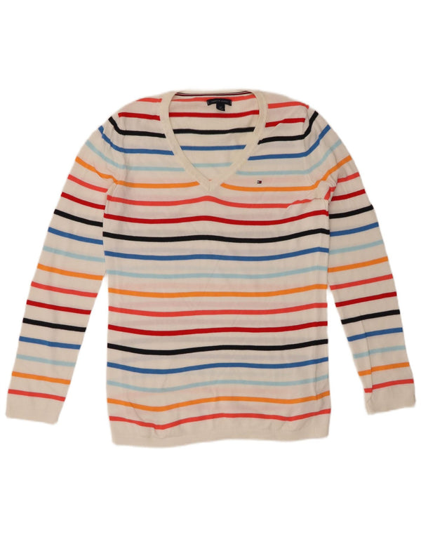 TOMMY HILFIGER Dame V-hals sweater UK 10 Lille hvid stribet