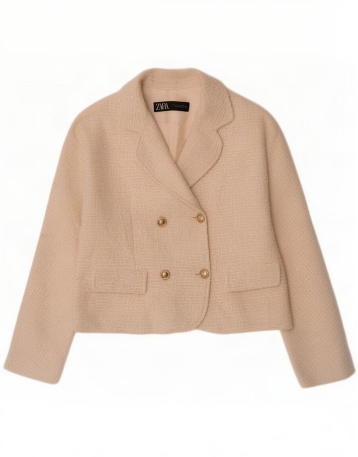 Zara Dame Dobbeltradet Blazer Jacket UK 12 Medium Off White Polyester