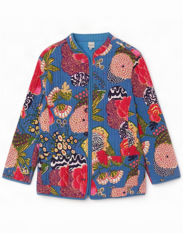 DW-Shop Womens Quilted Jacket EU 44/46 XL Blue Floral Cotton
