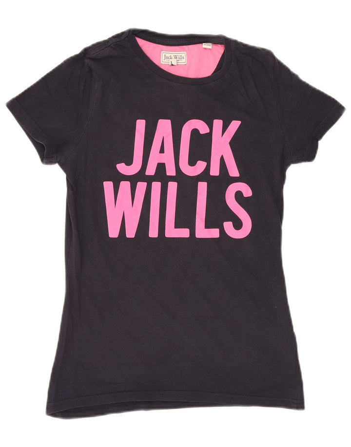 JACK WILLS Kvinder grafisk T-shirt top UK 6 XS marineblå bomuld