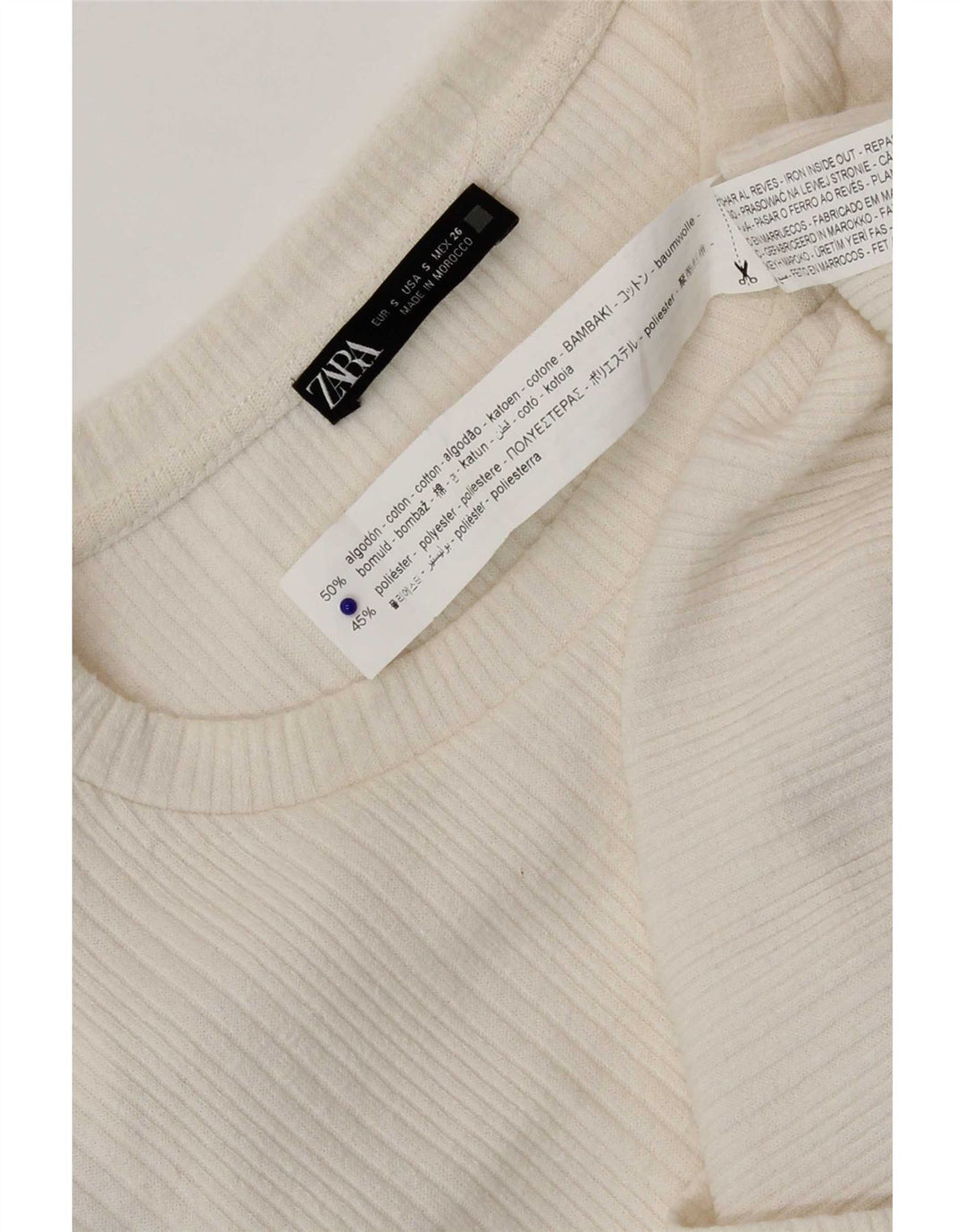 Zara Womens Crop Top Langærmet UK 8 Small Off White Bomuld