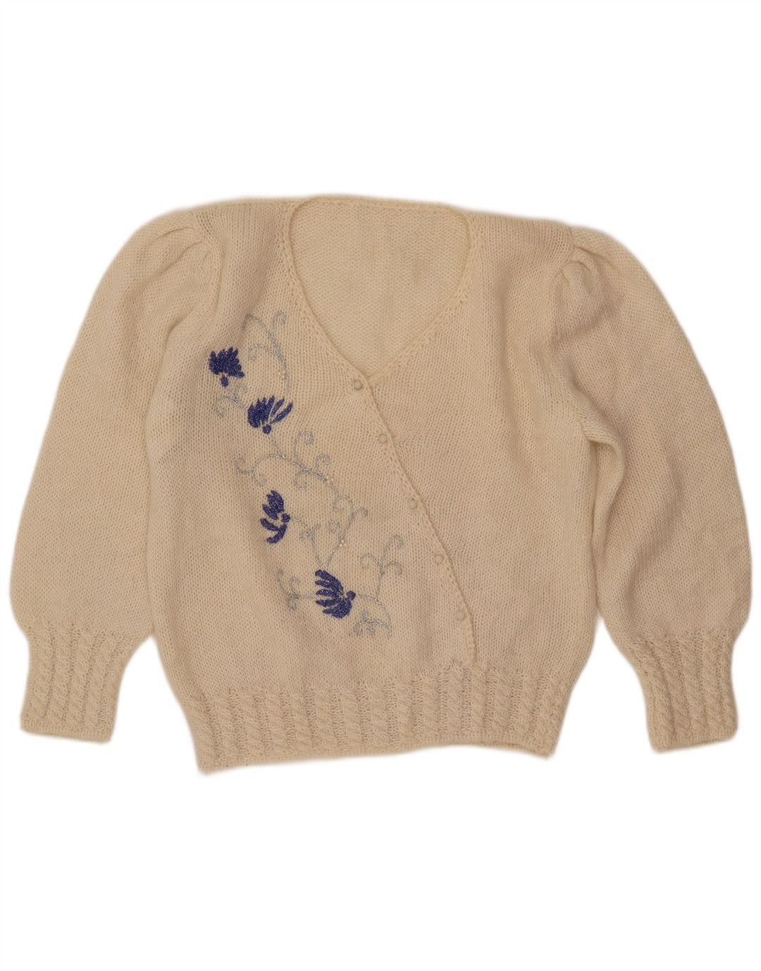 VINTAGE Dame V-hals sweater UK 16 Large Off White Floral