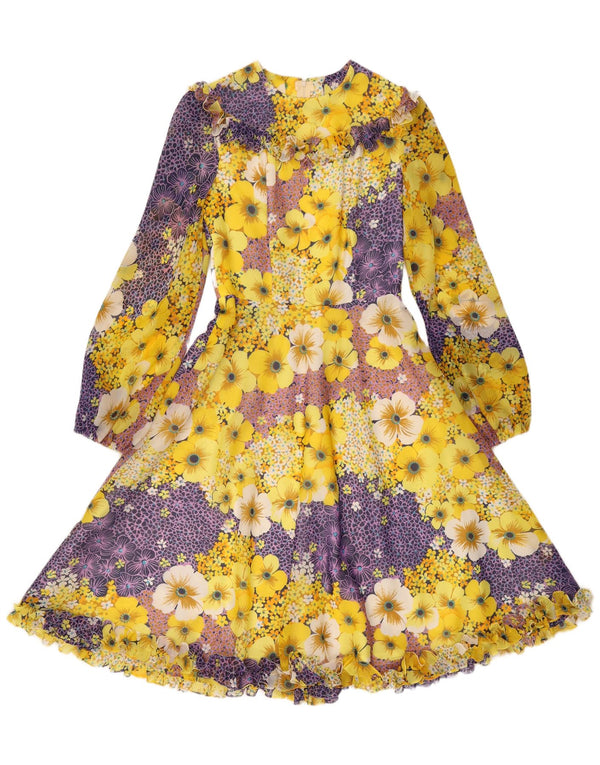 Vintage kvinders flæse front Maxi Dress UK 10 Small Yellow Floral