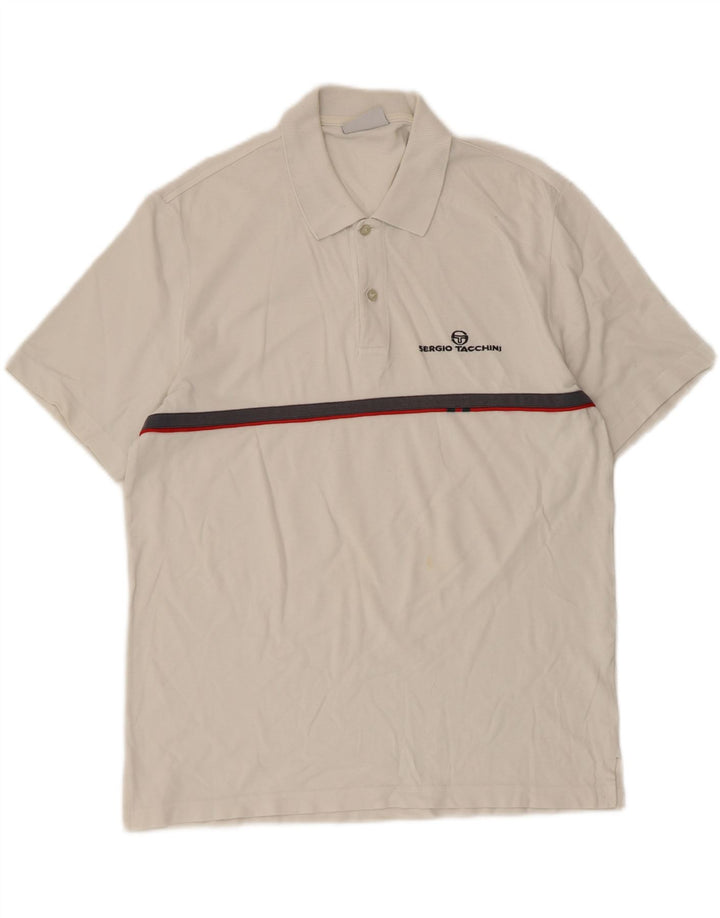 Sergio Tacchini herre poloskjorte stor hvid stribet bomuld