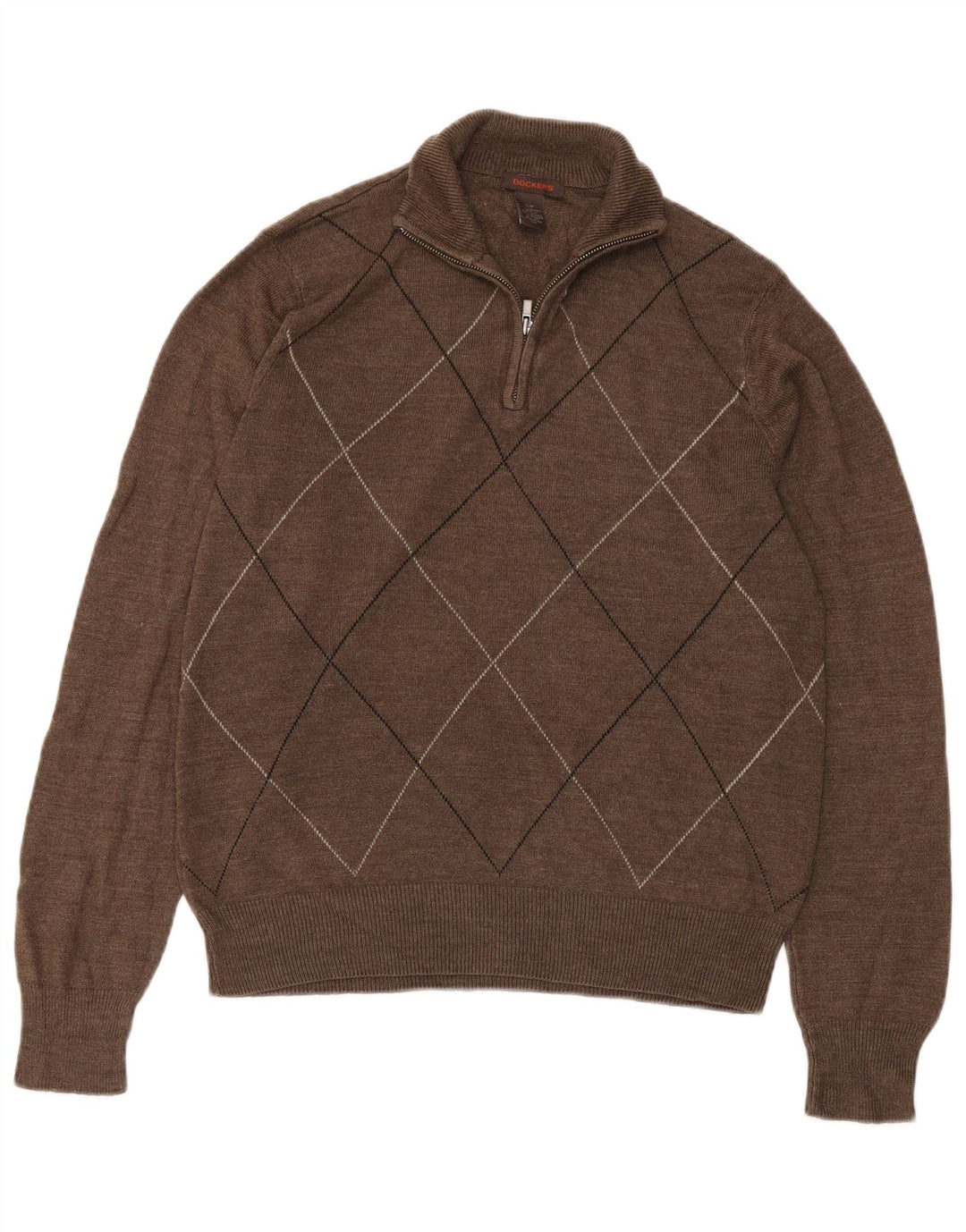 Dockers Herre Zip Neck Jumper Sweater Small Brown Argyle/Diamond Acryl